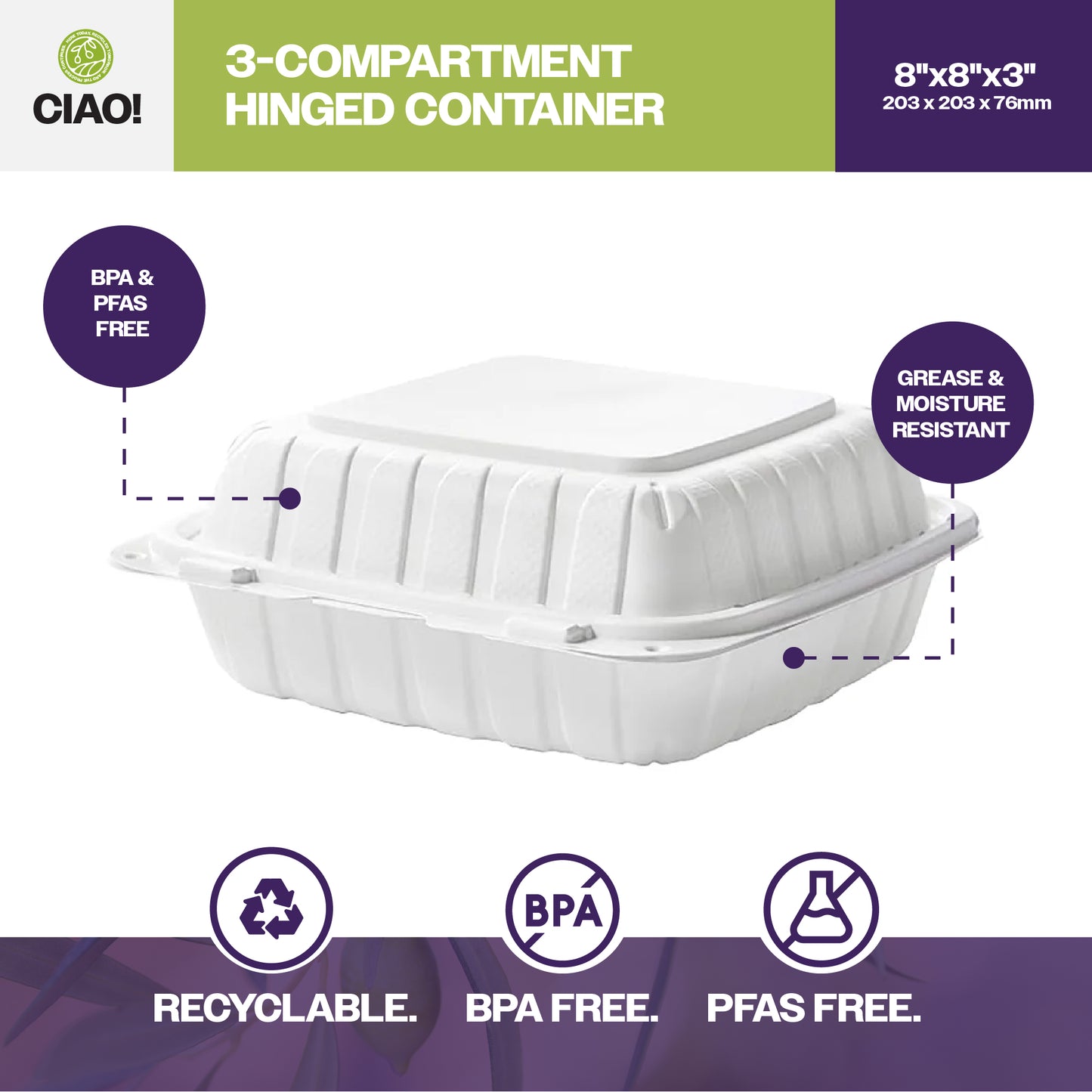 CIAO! 8"x8"x3" MFPP White Hinged Container With Lid 3 Compartment (Case of 200)