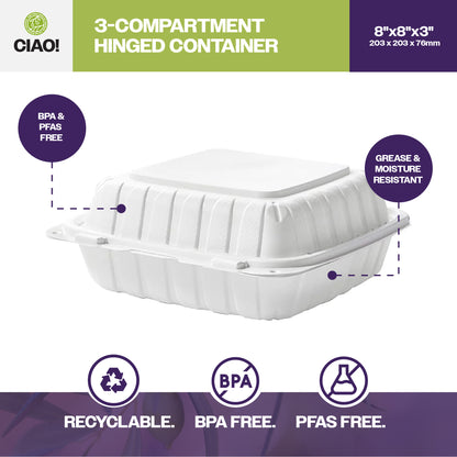 CIAO! 8"x8"x3" MFPP White Hinged Container With Lid 3 Compartment (Case of 200)