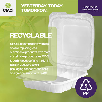 CIAO! 8"x8"x3" MFPP White Hinged Container With Lid 3 Compartment (Case of 200)