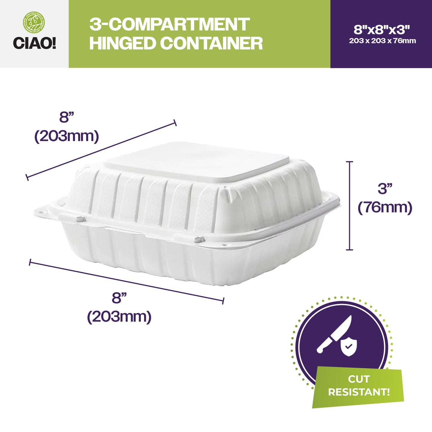 CIAO! 8"x8"x3" MFPP White Hinged Container With Lid 3 Compartment (Case of 200)