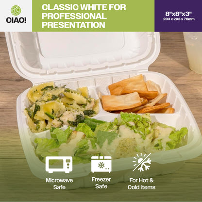 CIAO! 8"x8"x3" MFPP White Hinged Container With Lid 3 Compartment (Case of 200)