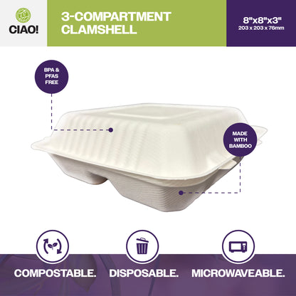 CIAO! 8"x8"x3" Clamshell 3 Compartment 100% Compostable Ecofriendly PFAS Free Unbleached Bagasse Natural White (200/case)