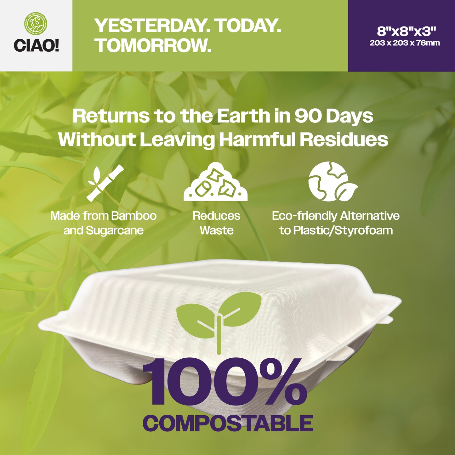 CIAO! 8"x8"x3" Clamshell 3 Compartment 100% Compostable Ecofriendly PFAS Free Unbleached Bagasse Natural White (200/case)