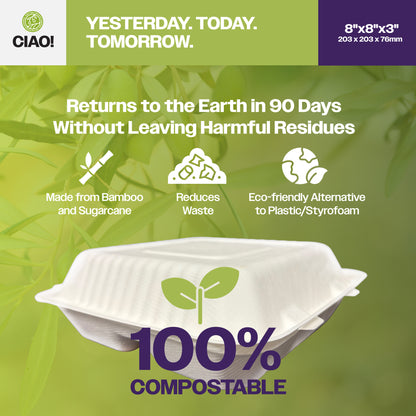 CIAO! 8"x8"x3" Clamshell 3 Compartment 100% Compostable Ecofriendly PFAS Free Unbleached Bagasse Natural White (200/case)