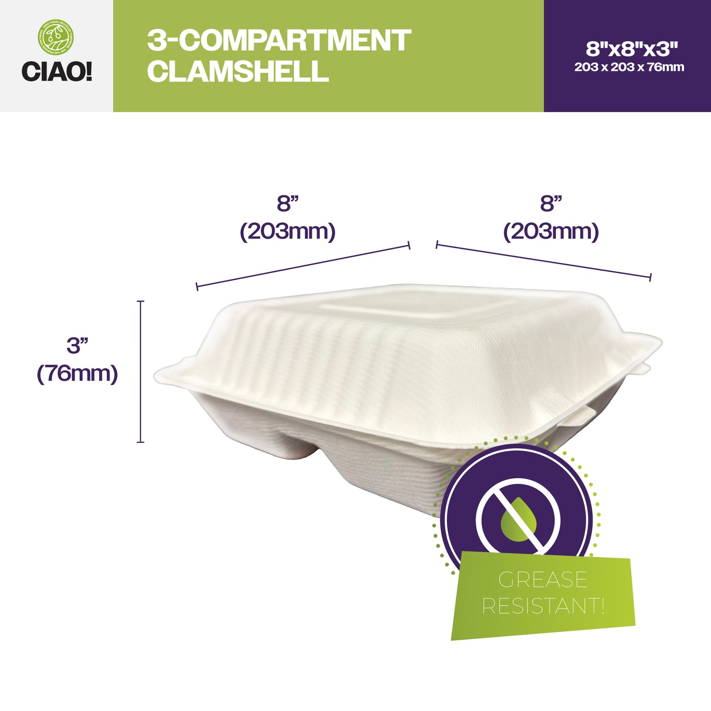 CIAO! 8"x8"x3" Clamshell 3 Compartment 100% Compostable Ecofriendly PFAS Free Unbleached Bagasse Natural White (200/case)