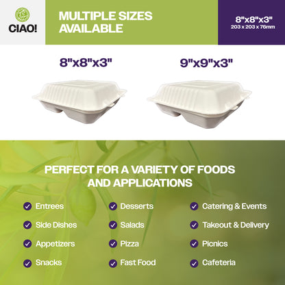 CIAO! 8"x8"x3" Clamshell 3 Compartment 100% Compostable Ecofriendly PFAS Free Unbleached Bagasse Natural White (200/case)