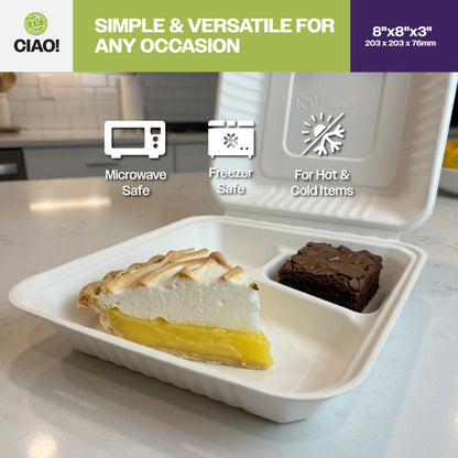 CIAO! 8"x8"x3" Clamshell 3 Compartment 100% Compostable Ecofriendly PFAS Free Unbleached Bagasse Natural White (200/case)