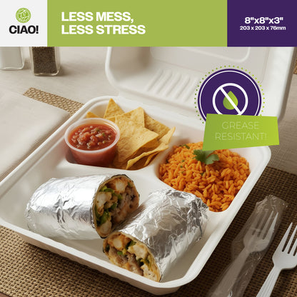 CIAO! 8"x8"x3" Clamshell 3 Compartment 100% Compostable Ecofriendly PFAS Free Unbleached Bagasse Natural White (200/case)