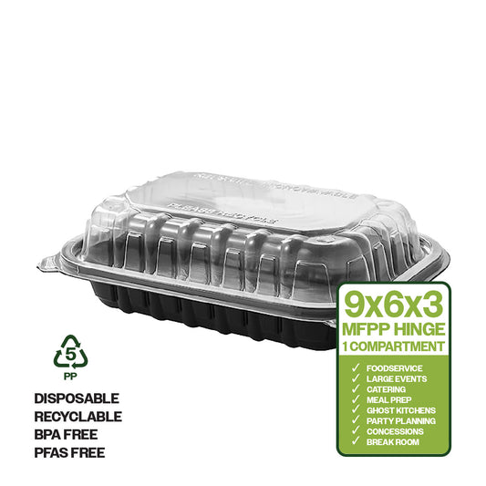 CIAO! 9"x6"x3" Polypropylene Black bottom with Clear Lid Hinged Container 1 Compartment Take Out Container, Microwavable, Recyclable and Reusable, (Case of 150)