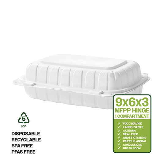 CIAO! 9"x6"x3" MFPP White Hinged Container With Lid 1 Compartment (Case of 200)