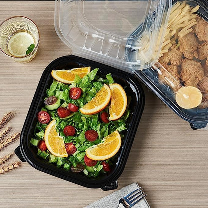 CIAO! 9"x9"x3" Polypropylene Black bottom with Clear Lid Hinged Container 1 Compartment Take Out Container, Microwavable, Recyclable and Reusable, (Case of 150)