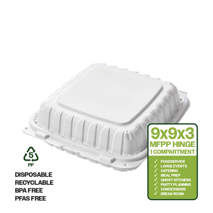 CIAO! 9"x9"x3" MFPP White Hinged Container With Lid 1 Compartment (Case of 150)
