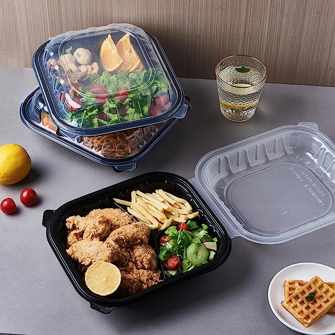 CIAO! 9"x9"x3" Polypropylene Black bottom with Clear Lid Hinged Container 3 Compartment Take Out Container, Microwavable, Recyclable and Reusable, (Case of 150)