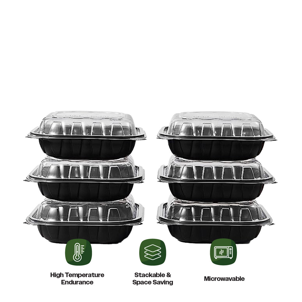 CIAO! 9"x9"x3" Polypropylene Black bottom with Clear Lid Hinged Container 3 Compartment Take Out Container, Microwavable, Recyclable and Reusable, (Case of 150)