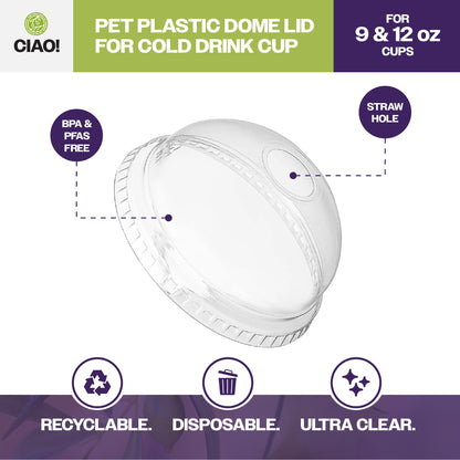 CIAO! 92MM PET Dome Lid with Straw Hole for 9OZ/12OZ CIAO! PET Cold Drink Cups (Case of 1,000)