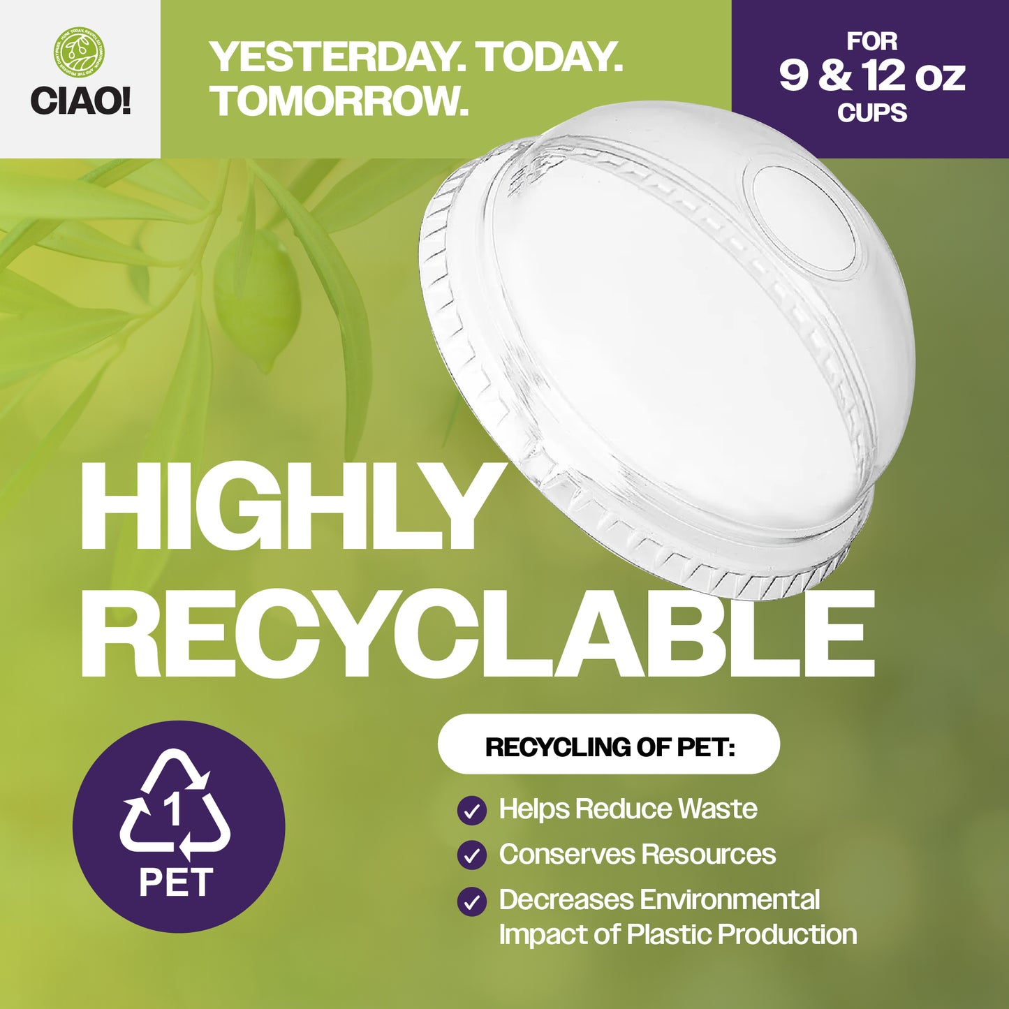 CIAO! 92MM PET Dome Lid with Straw Hole for 9OZ/12OZ CIAO! PET Cold Drink Cups (Case of 1,000)