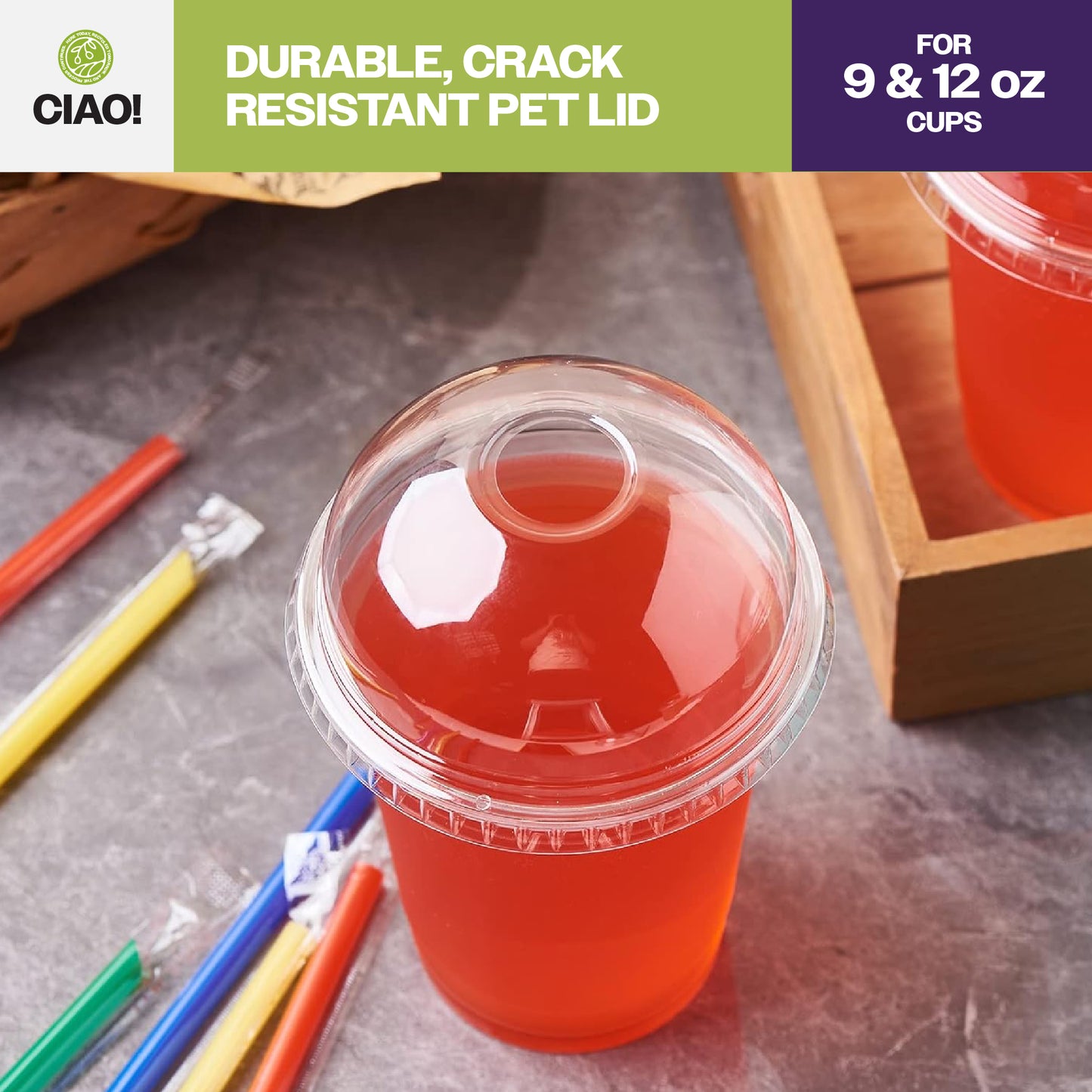 CIAO! 92MM PET Dome Lid with Straw Hole for 9OZ/12OZ CIAO! PET Cold Drink Cups (Case of 1,000)