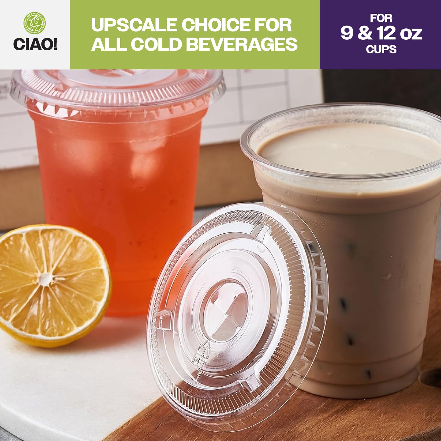 CIAO! 92MM PET Flat Lid with Straw Slot for 9OZ/12OZ CIAO! PET Cold Drink Cups (Case of 1,000)