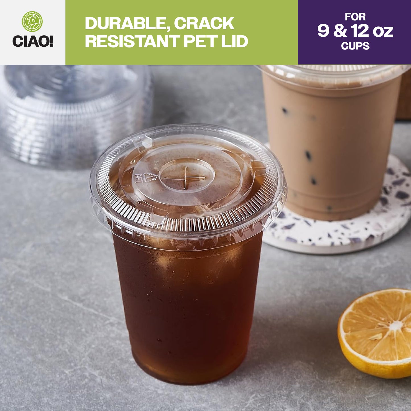 CIAO! 92MM PET Flat Lid with Straw Slot for 9OZ/12OZ CIAO! PET Cold Drink Cups (Case of 1,000)