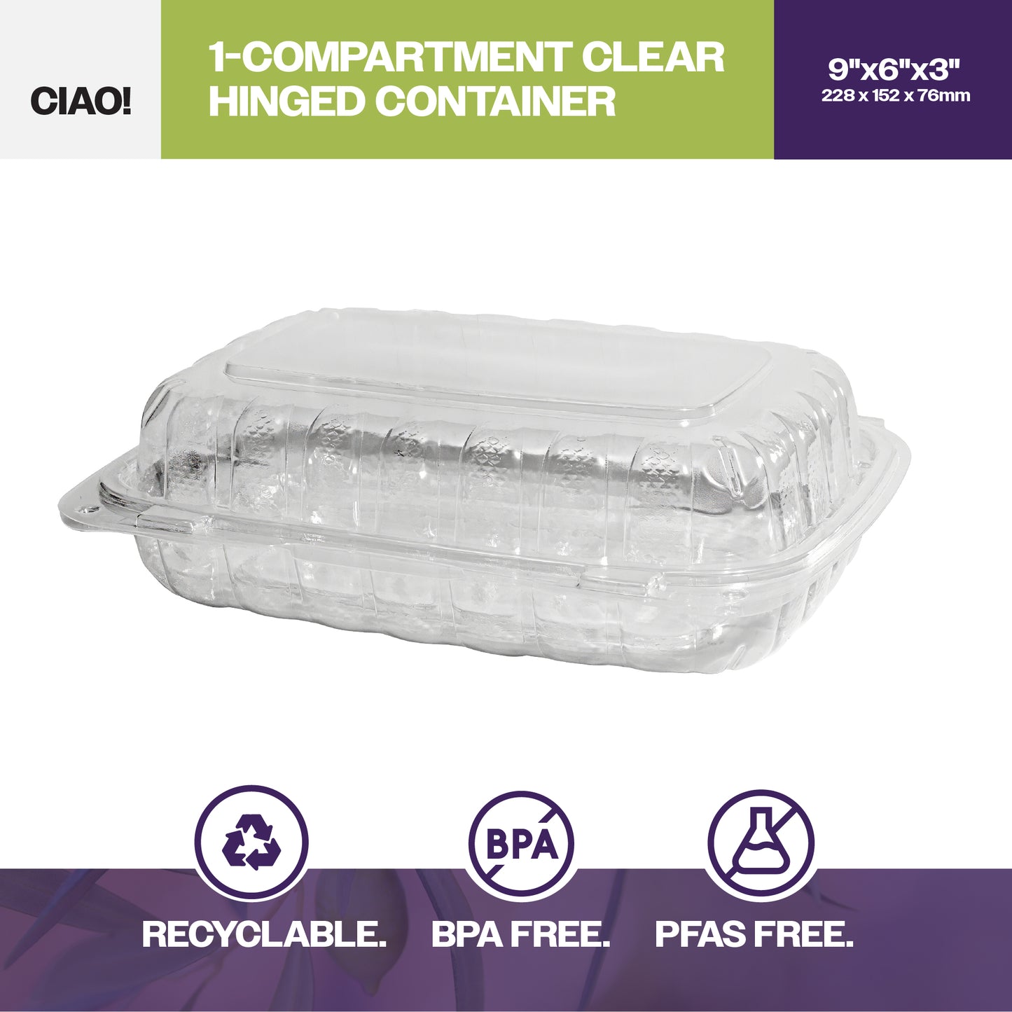 CIAO! 9"x6"x3" 1 Compartment PP Plastic Clear Hinged Container for Take Out (Case of 200)