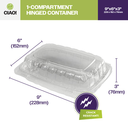 CIAO! 9"x6"x3" 1 Compartment PP Plastic Clear Hinged Container for Take Out (Case of 200)