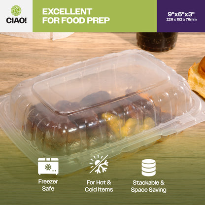 CIAO! 9"x6"x3" 1 Compartment PP Plastic Clear Hinged Container for Take Out (Case of 200)