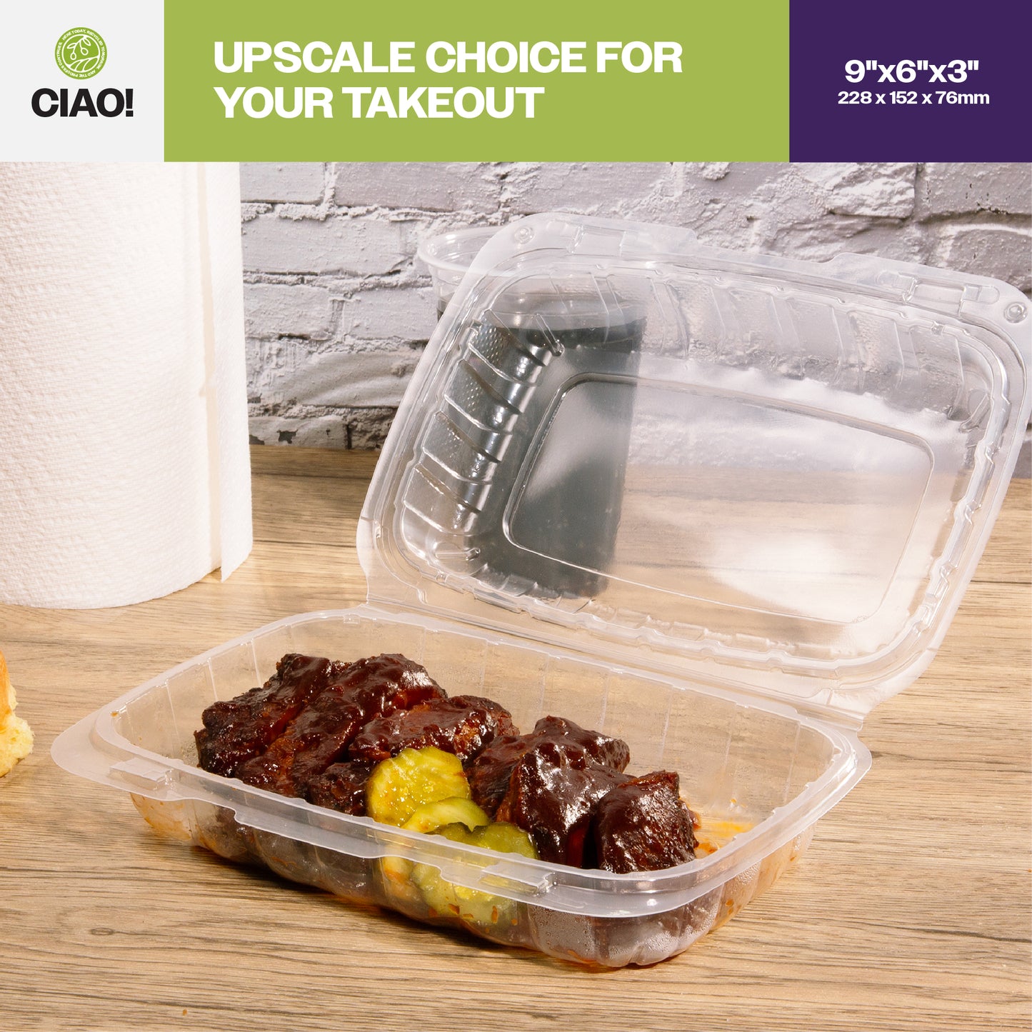 CIAO! 9"x6"x3" 1 Compartment PP Plastic Clear Hinged Container for Take Out (Case of 200)