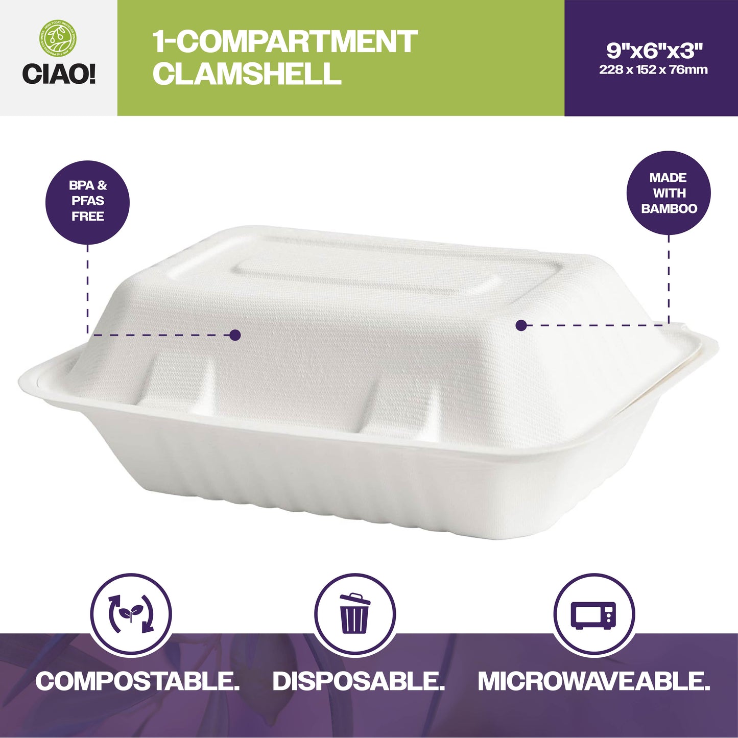 CIAO! 9"X6"X3" Clamshell 1 Compartment 100% Compostable Ecofriendly PFAS Free Unbleached Bagasse Natural White (250/case) …