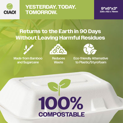 CIAO! 9"X6"X3" Clamshell 1 Compartment 100% Compostable Ecofriendly PFAS Free Unbleached Bagasse Natural White (250/case) …