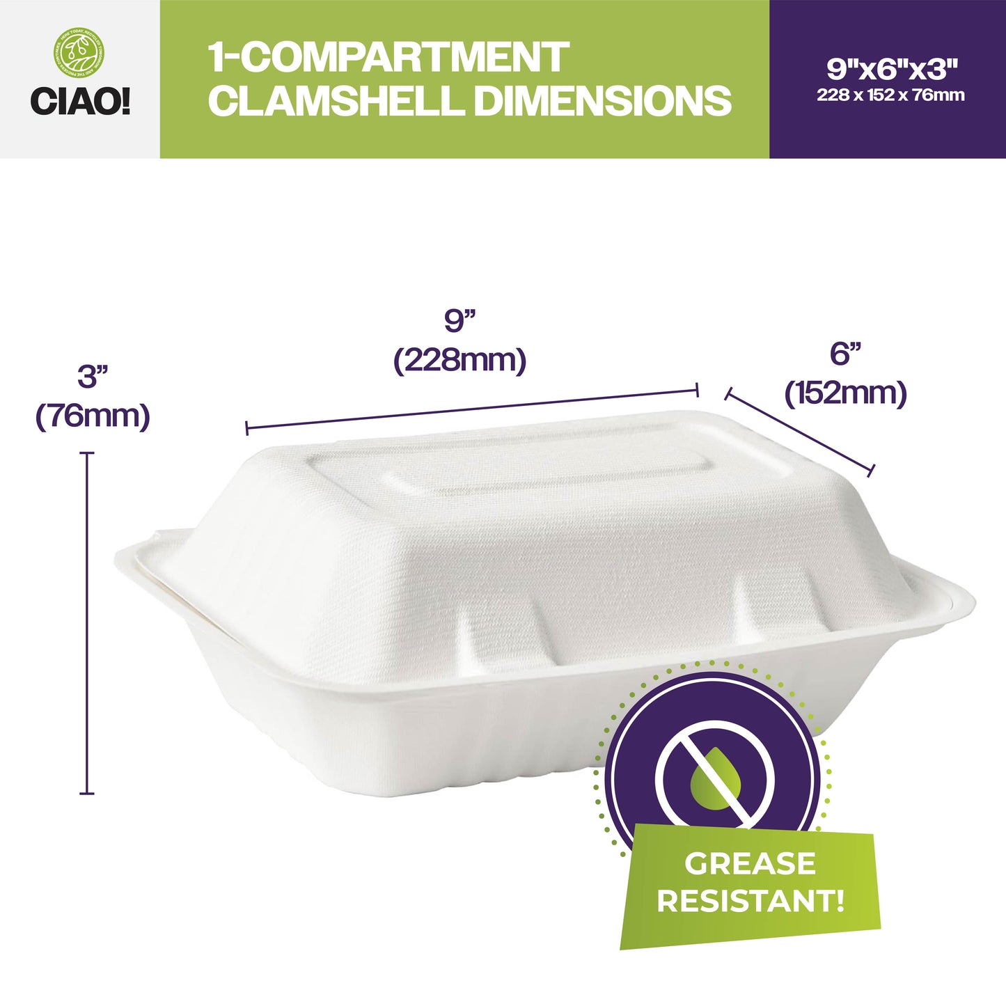 CIAO! 9"X6"X3" Clamshell 1 Compartment 100% Compostable Ecofriendly PFAS Free Unbleached Bagasse Natural White (250/case) …