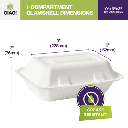 CIAO! 9"X6"X3" Clamshell 1 Compartment 100% Compostable Ecofriendly PFAS Free Unbleached Bagasse Natural White (250/case) …