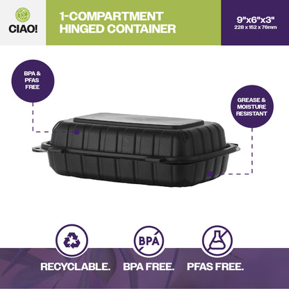 CIAO! 9"x6"x3" MFPP Black Hinged Container With Lid 1 Compartment (Case of 200)