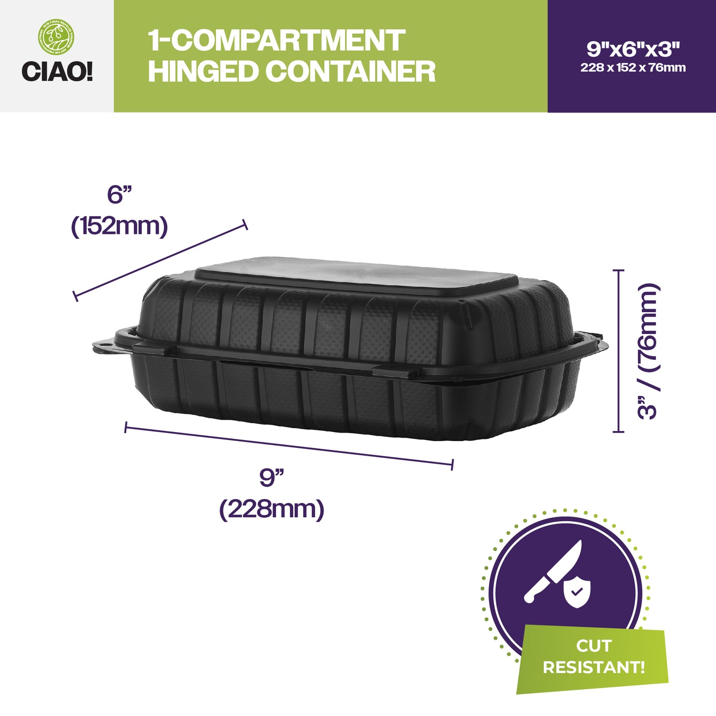 CIAO! 9"x6"x3" MFPP Black Hinged Container With Lid 1 Compartment (Case of 200)