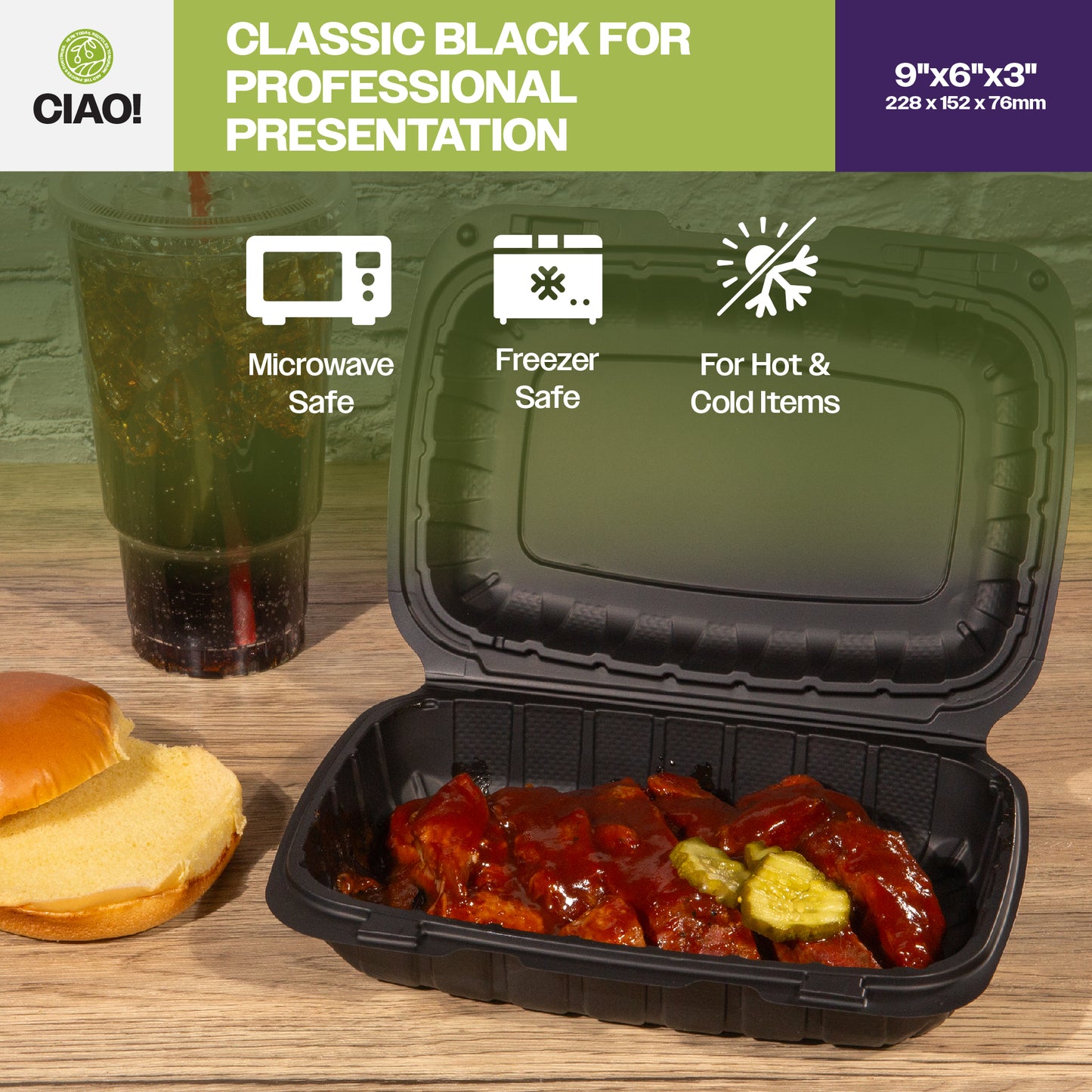 CIAO! 9"x6"x3" MFPP Black Hinged Container With Lid 1 Compartment (Case of 200)