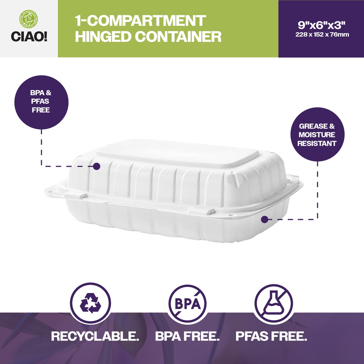 CIAO! 9"x6"x3" MFPP White Hinged Container With Lid 1 Compartment (Case of 200)