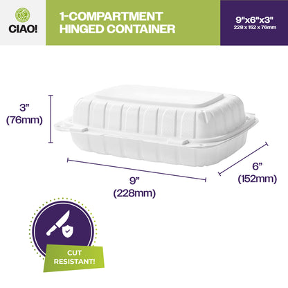 CIAO! 9"x6"x3" MFPP White Hinged Container With Lid 1 Compartment (Case of 200)