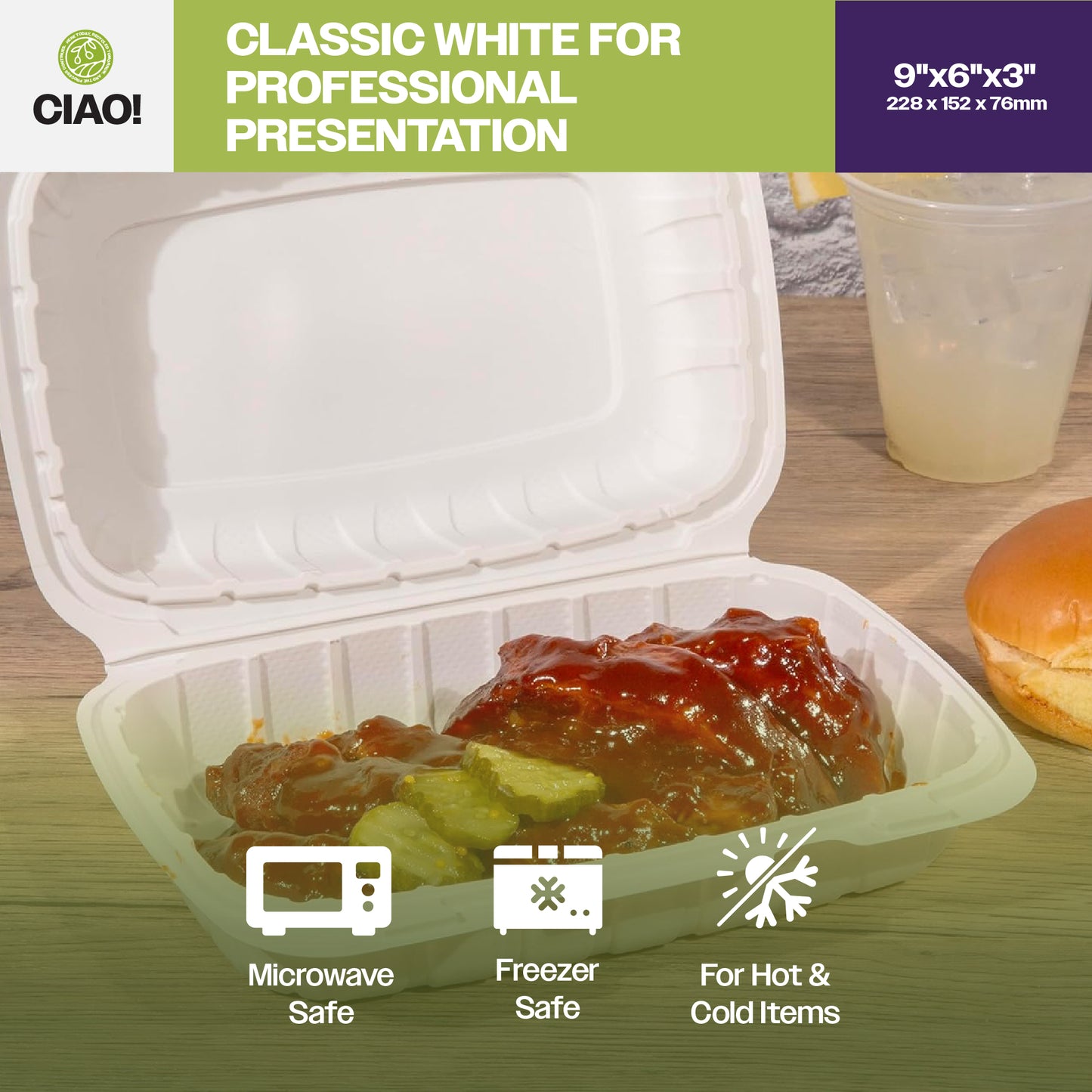 CIAO! 9"x6"x3" MFPP White Hinged Container With Lid 1 Compartment (Case of 200)