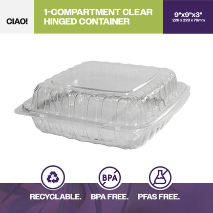 CIAO! 9"x9"x3" 1 Compartment PP Plastic Clear Hinged Container for Take Out (Case of 150)