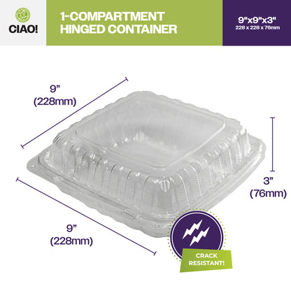 CIAO! 9"x9"x3" 1 Compartment PP Plastic Clear Hinged Container for Take Out (Case of 150)