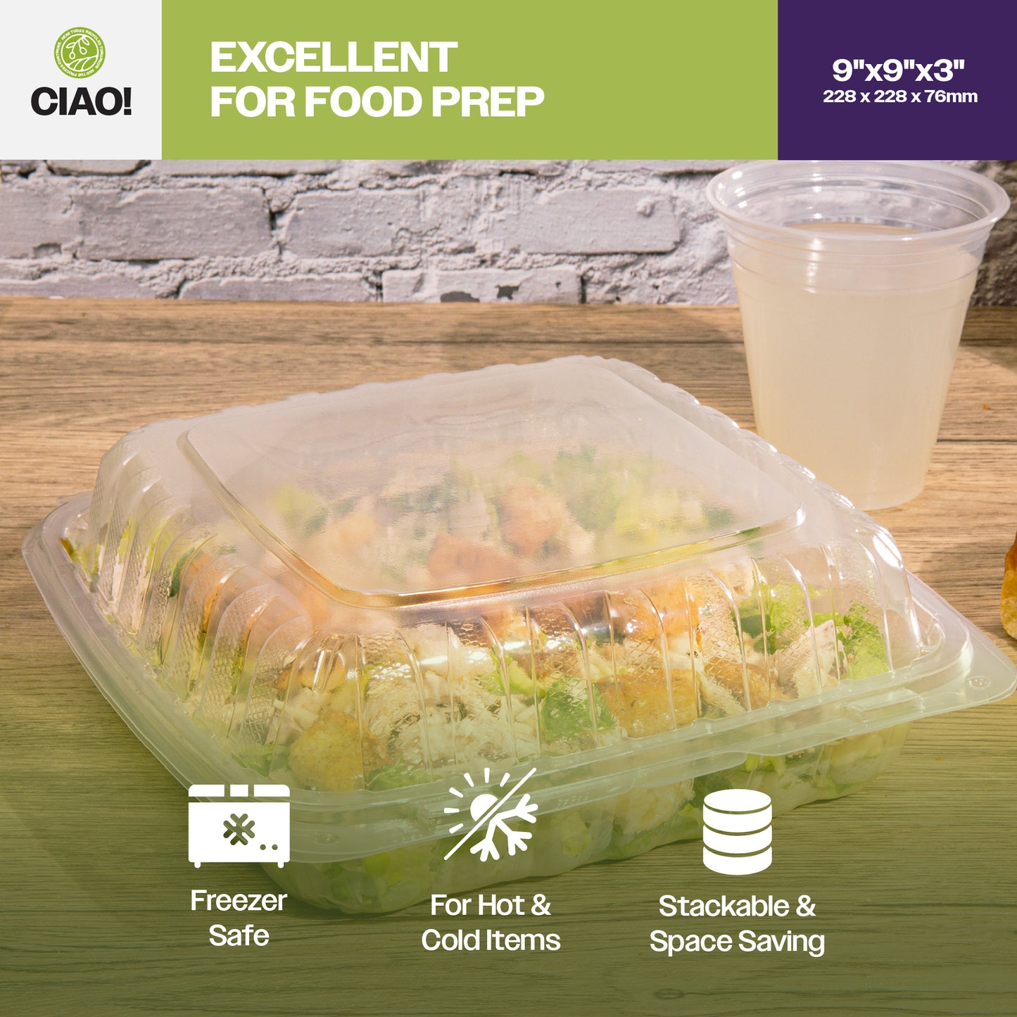 CIAO! 9"x9"x3" 1 Compartment PP Plastic Clear Hinged Container for Take Out (Case of 150)