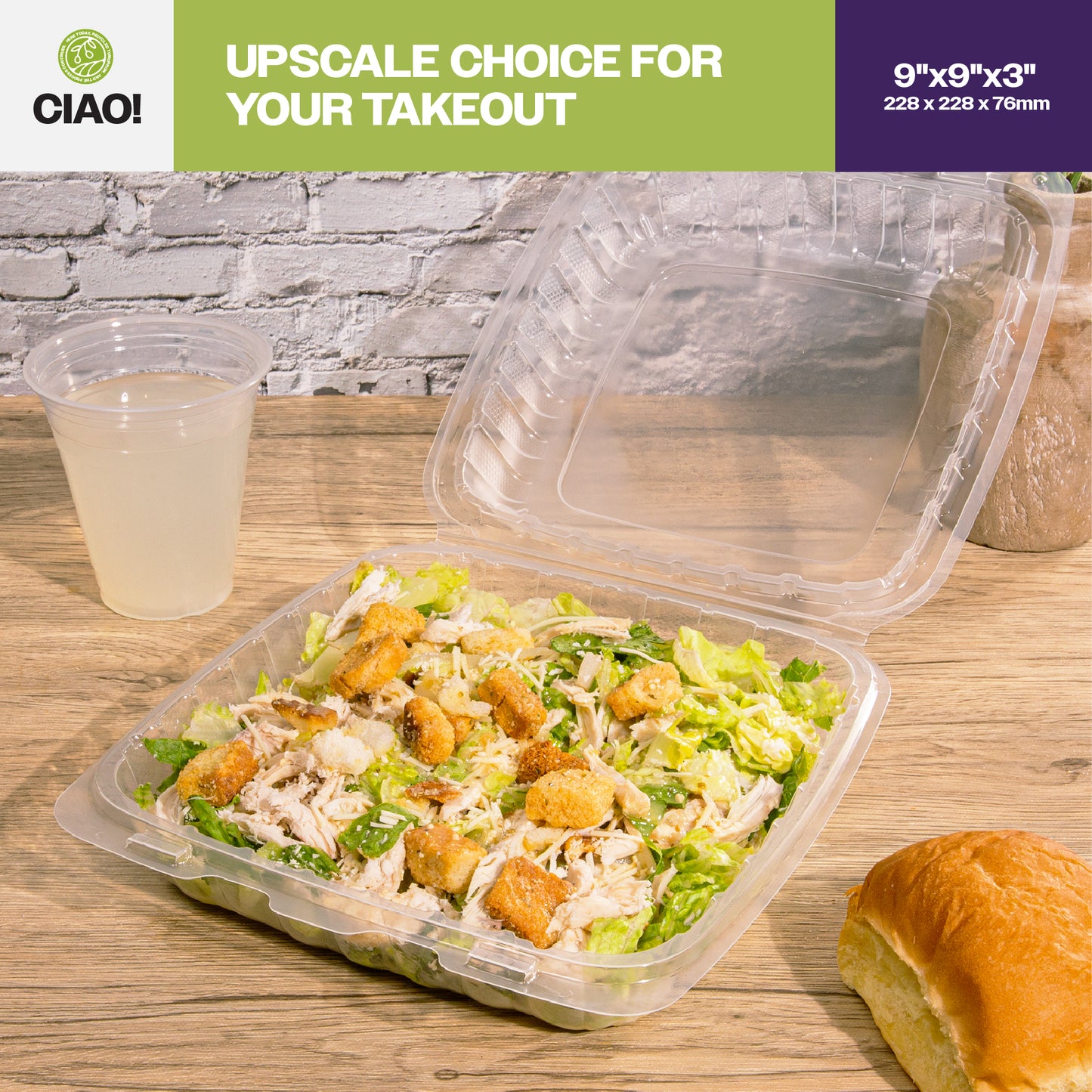 CIAO! 9"x9"x3" 1 Compartment PP Plastic Clear Hinged Container for Take Out (Case of 150)