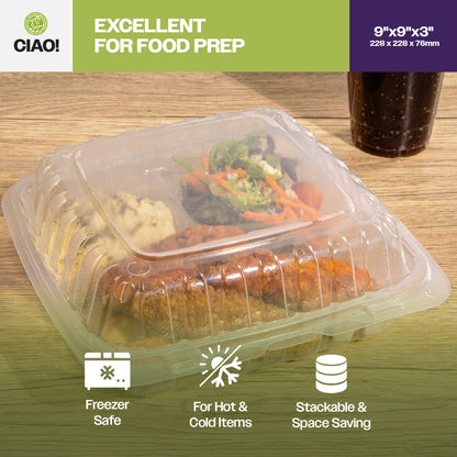 CIAO! 9"x9"x3" 3 Compartment PP Plastic Clear Hinged Container for Take Out (Case of 150)