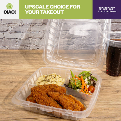 CIAO! 9"x9"x3" 3 Compartment PP Plastic Clear Hinged Container for Take Out (Case of 150)