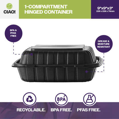 CIAO! 9"x9"x3" MFPP Black Hinged Container With Lid 1 Compartment (Case of 150)