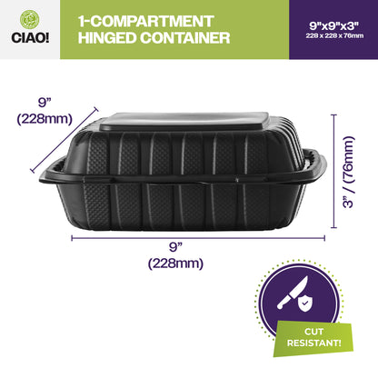 CIAO! 9"x9"x3" MFPP Black Hinged Container With Lid 1 Compartment (Case of 150)