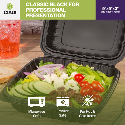 CIAO! 9"x9"x3" MFPP Black Hinged Container With Lid 1 Compartment (Case of 150)