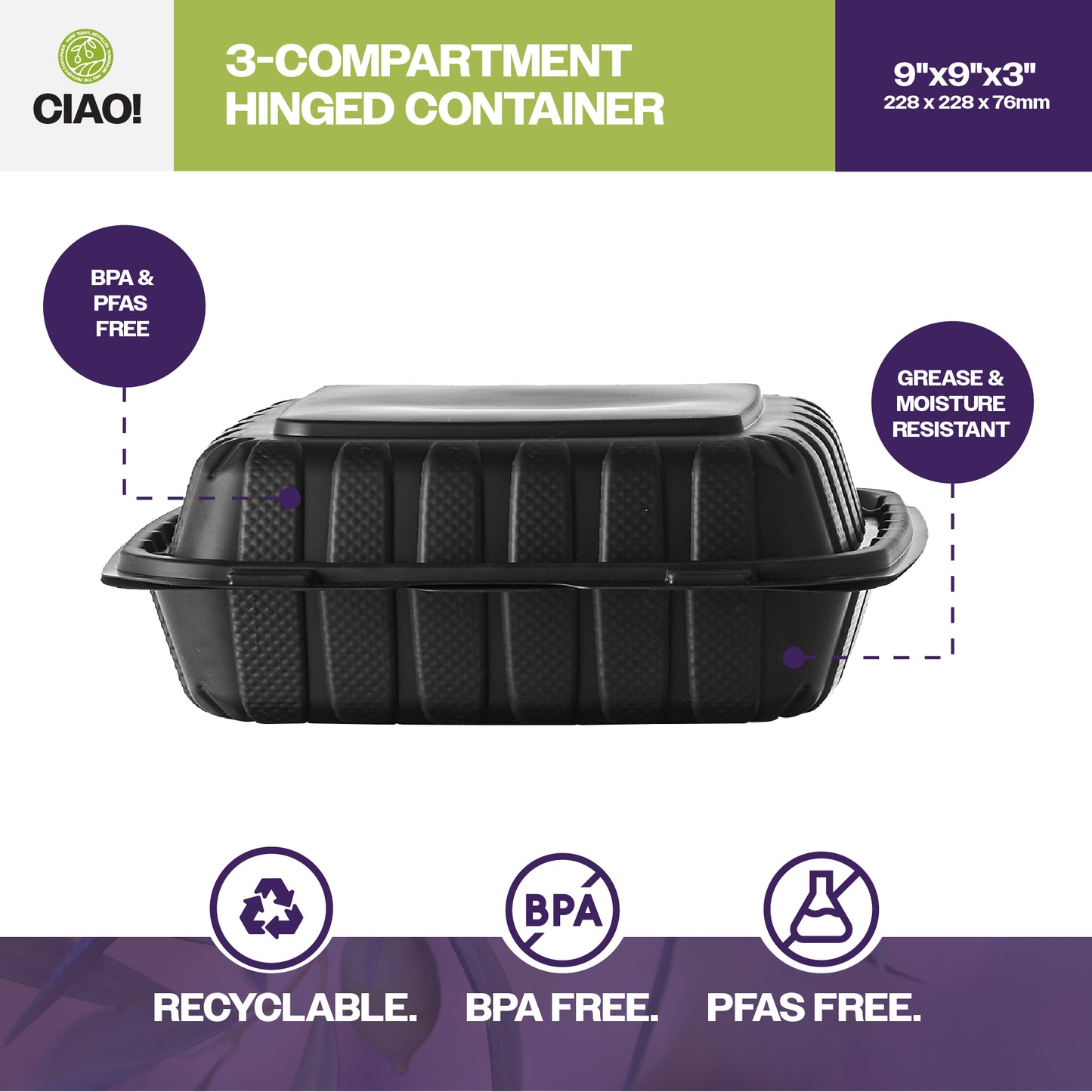 CIAO! 9"x9"x3" MFPP Black Hinged Container With Lid 3 Compartment (Case of 150)