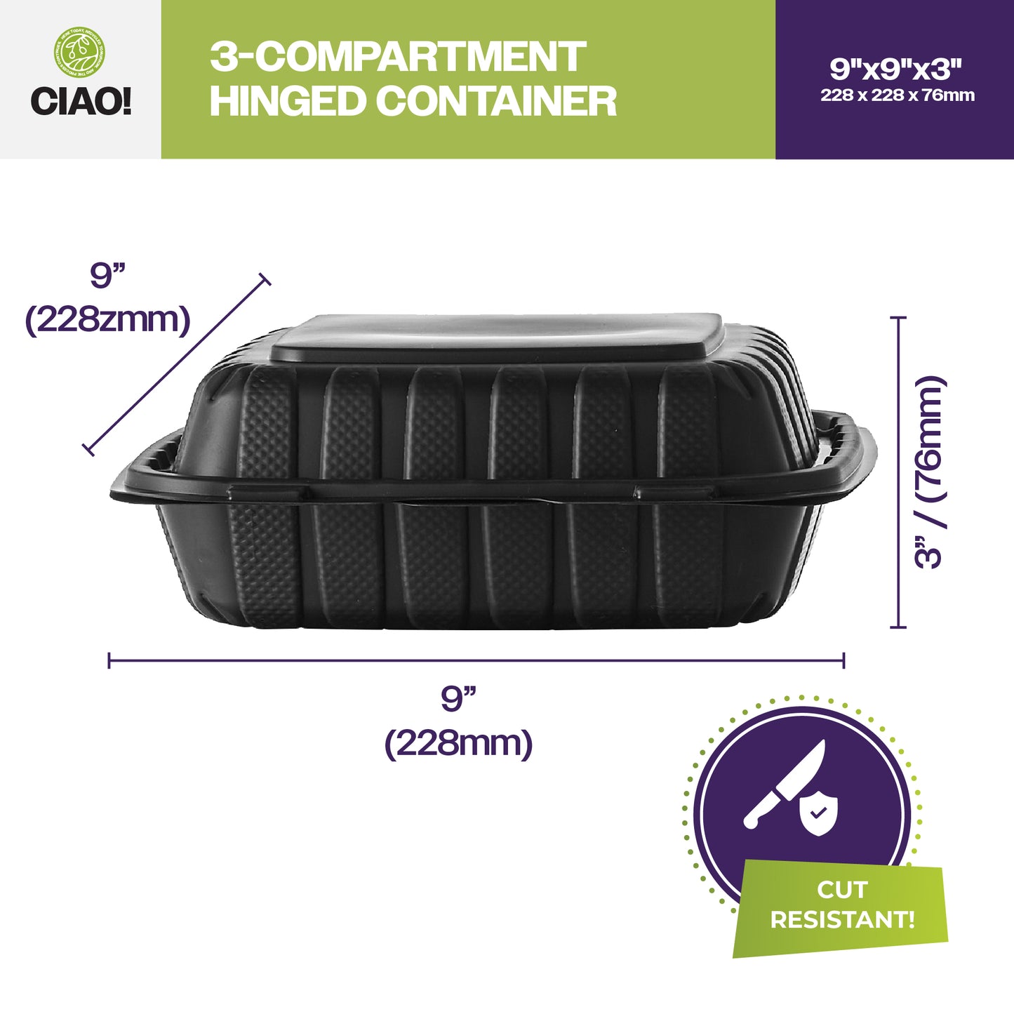 CIAO! 9"x9"x3" MFPP Black Hinged Container With Lid 3 Compartment (Case of 150)