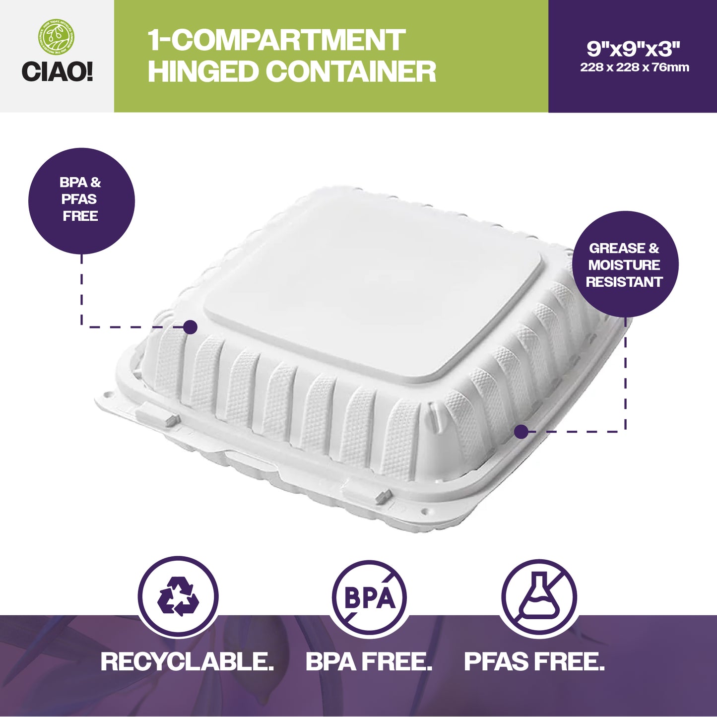 CIAO! 9"x9"x3" MFPP White Hinged Container With Lid 1 Compartment (Case of 150)