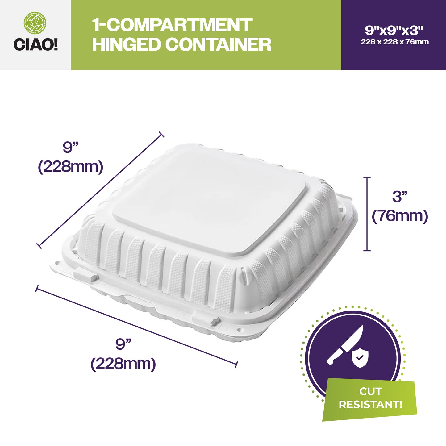 CIAO! 9"x9"x3" MFPP White Hinged Container With Lid 1 Compartment (Case of 150)